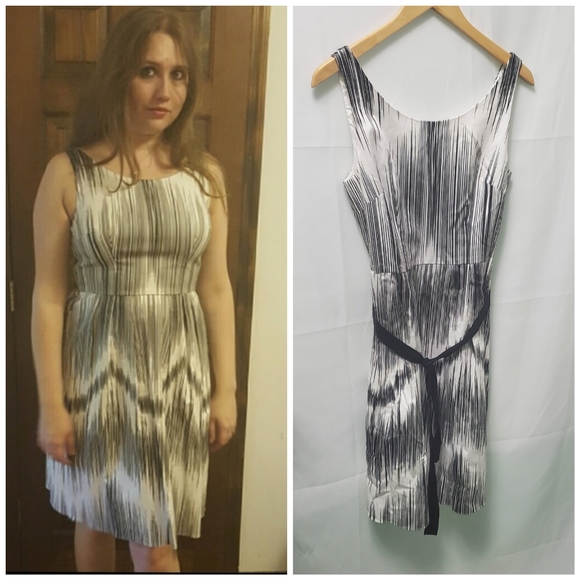 Adrianna Papell Black & White Print Sleeveless Dress w/ Tie Belt Size 10 - Picture 2 of 14
